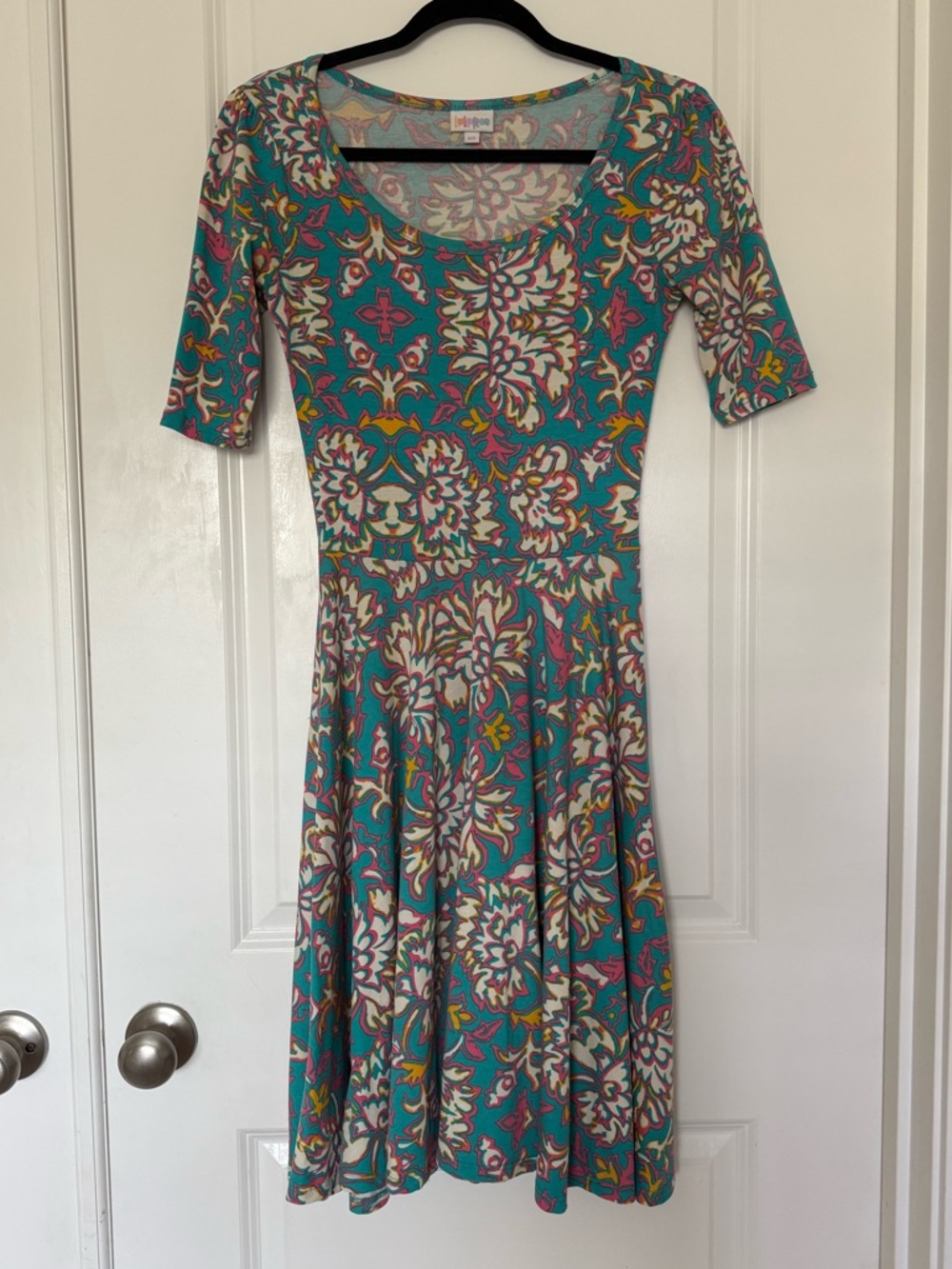 LuLaRoe Teal Floral Midi Dress with Pink and Cream Accents
